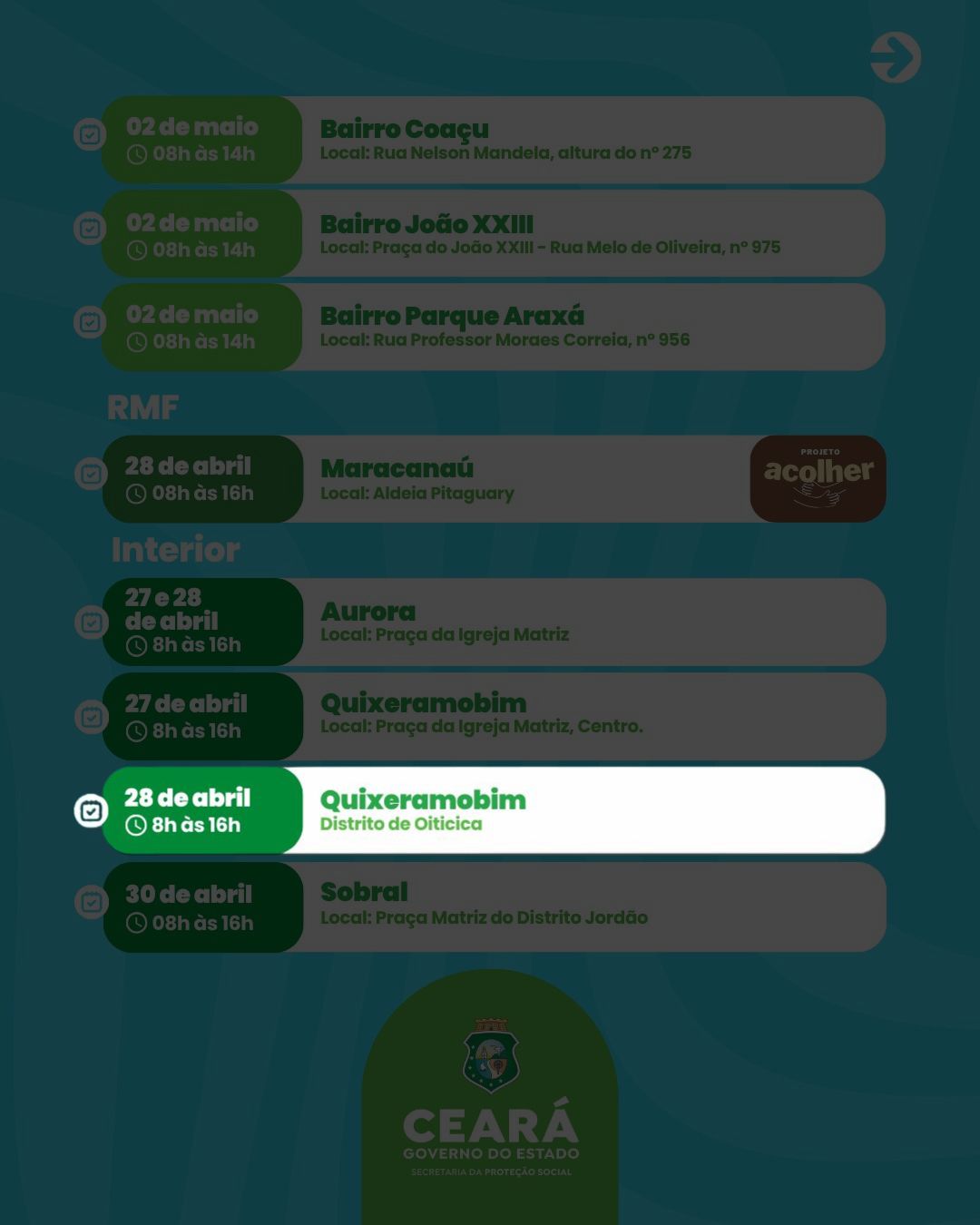 Datas e Locais - 28 de Abril no Distrito de Oiticica